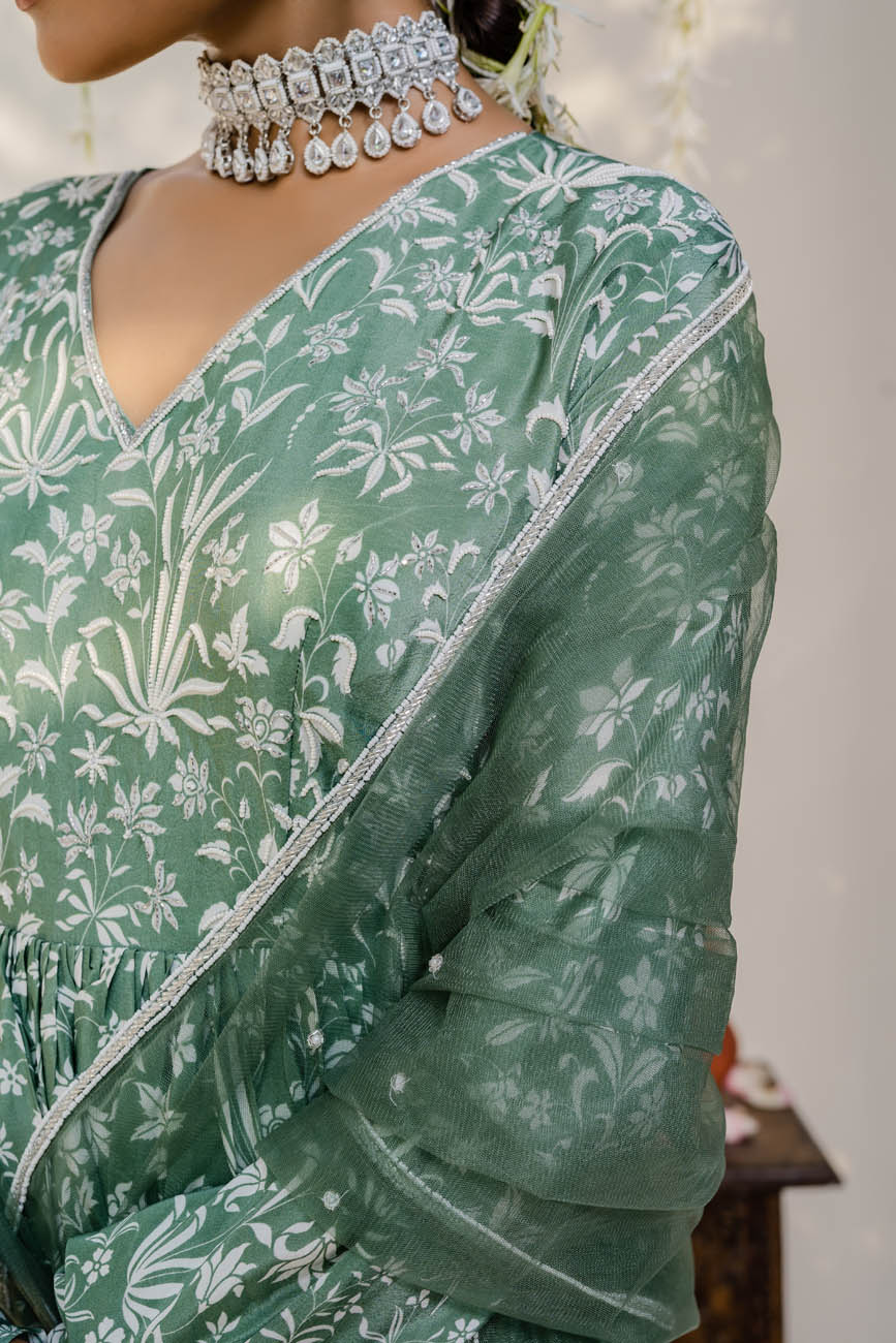 Embroidered Peplum Olive Green Sharara Dress
